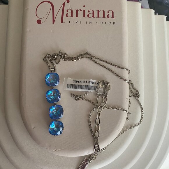 Mariana Bright Blue Cushion Cut 4 Crystal Pendant Necklace Rhodium Plated Silver - Picture 6 of 8